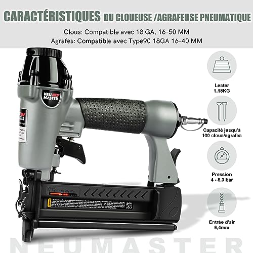 NEU MASTER 2 in 1 Multifunctional Pneumatic Nailer/Stapler with 800 Nails, 200 Staples, Carrying Case, Potection Glasses, Empty Plastic Bottles and 2 Allen Keys