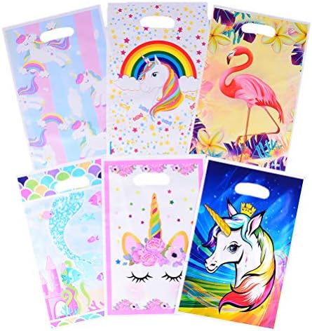 MAYATOWN 60 Pack Unicorn Party Favors Bags, Plastic Party Gift Bags, Mermaid, Flamingo Treat Bags Goody Bags for Kids Birthday Party, Baby Shower, Unicorn Party Supplies, 6 Pattern