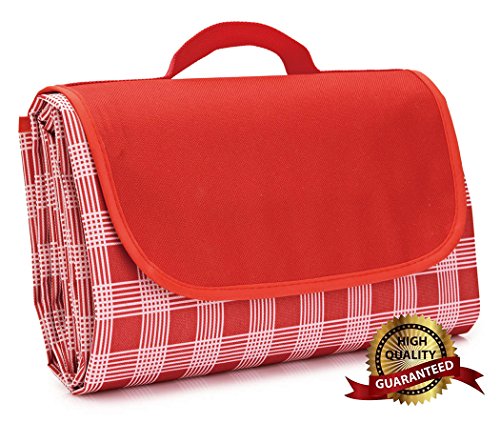Extra Large Picnic Blanket with Tote,Foldable and Waterproof Sandproof Plaid Handy Mat for Outdoor Hiking Beach Travel Camping on Grass Red