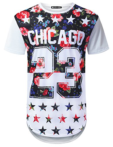 URBANCREWS Mens Hipster Hip Hop Floral Chicago 23 Longline T-Shirt White, M