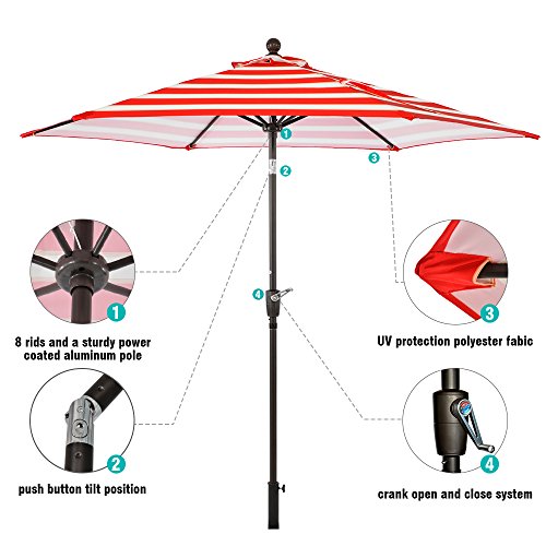 LCH 9Ft Patio Outdoor Umbrella Backyard Garden Market 1.5" Aluminum Pole 6 Ribs Umbrella with Push Button Tilt and Crank (Stripe Red)
