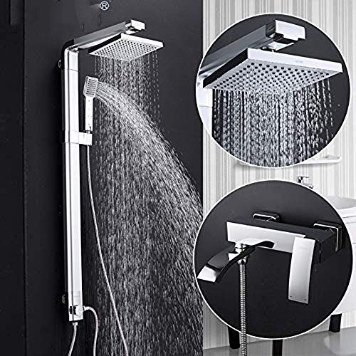 Shower Set, Thermostatic Shower Column with Wall-Mounted Rainfall Shower, Hand held Shower, Chrome Finish