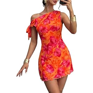 Jokeluck Women’s Summer Floral Off Shoulder Bodycon Mini Dress Tie One Shoulder Asymmetrical Party Dress for Women 2026 S-XXL