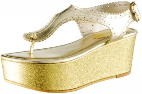 Kristoff™ "Yoko Genuine Leather Metallic Gold Thong Platform Wedge w/Adjustable Buckle
