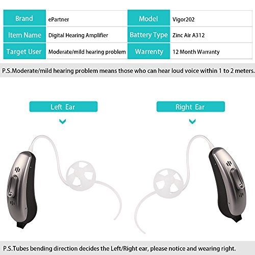ePartner Sound Personal Amplifier Hearing Enhancer Digital Hearing Amplifier Noise Reduction Mode with Adjustable Volume Tone Control(Silver, Left Ear)