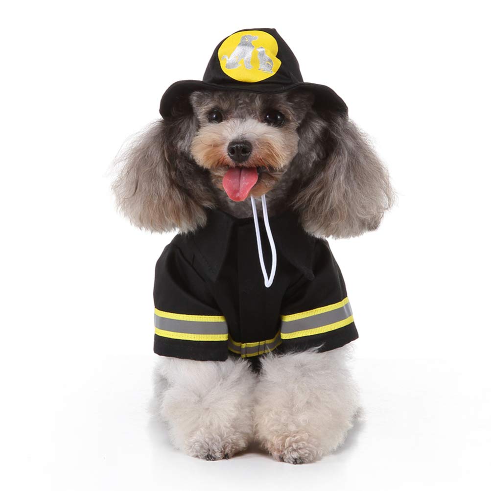 1 Set Dog Firefighter Costume Dog Cat Cosplay Fireman Apparel Puppy Jacket Coat With Firefighting Hat Size XL Black