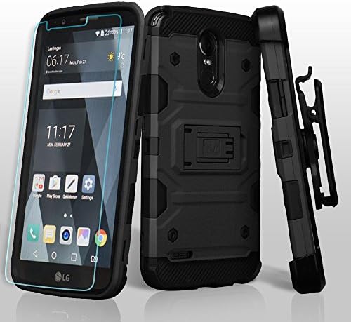 Military Grade Storm Tank Holster Case + Shatter-Proof Screen Protector for LG Stylo 3 / Stylo 3 Plus - Black