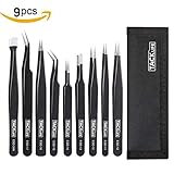 Tacklife HIT1A ESD Precision Tweezers Set 9 Pcs Anti-Static Stainless Steel Non-magnetic Tweezers Set with Storage Bag for Electronics, Jewelry-Making, Laboratory Work, Eyelash Extensions,Nail Art