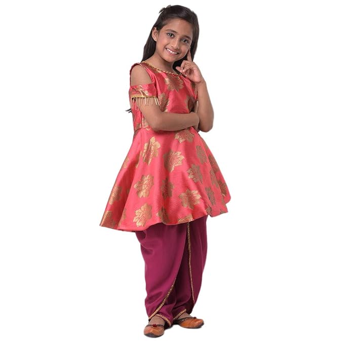 M'ANDY By Hopscotch Girls Silk Flower Peplum Kurti With Wine Dhoti in Pink Color