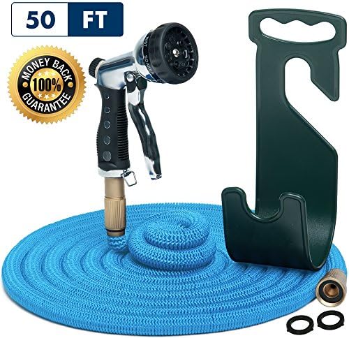 Water Hose – Small Expandable Garden Hose 50 Feet - Hose Holder and High Pressure Washer Hose Spray Nozzle With 7 Settings – Solid Brass Fittings - Heavy Duty Outdoor Kink Free Retractable Flex Hose