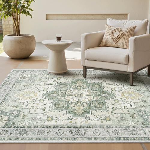 GENIMO Waschbarer Vintage Teppich Graugrün fürs Wohnzimmer, 140x200 cm