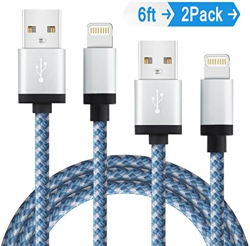 Elktry iPhone Lightning Charger Cable 2Pack 6ft Durable Nylon Braided Sync Wire Fast Lightning Charging Data Transfer Cord for iPhone X 8 8 Plus 7 7 Plus 6 6s Plus SE 5 5S 5C iPad iPod (Blue White)