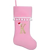 JKSVE 19 Inch Pink Velvet Stockings, Personalized Christmas Stocking, Embroidery Initial with White Pom Pom Trim, Holiday Fireplace Mantel & Xmas Party Decor, Letter K