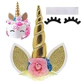Palksky Handmade Gold Unicorn Birthday Cake Toppers Set. Unicorn Horn, Ears and Flowers Set. Unicorn Party Decoration for Baby Shower，Wedding and Birthday Party