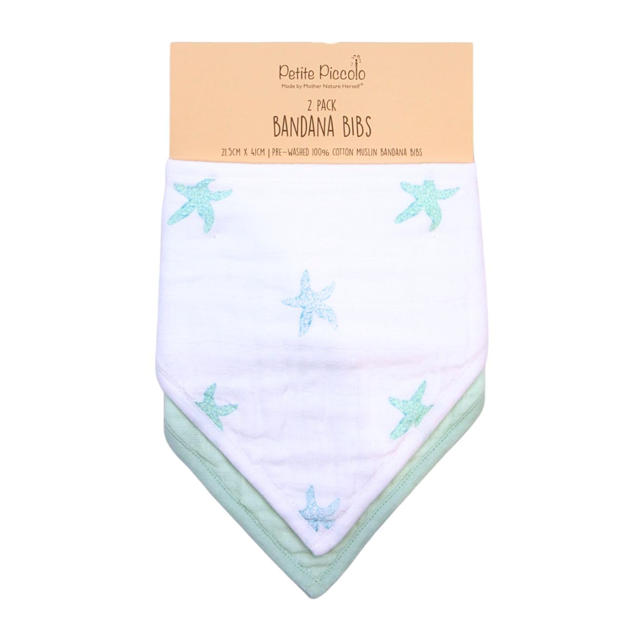 Petite Piccolo Muslin Baby Bibs, 2 Pack, Dribble Bandana Bibs, 100% Cotton, Drool Bibs, Soft and Absorbent, 21.5cm x 41cm - Starfish Design