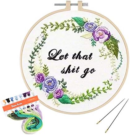 Full Range of Embroidery Kit with Pattern, CABAX Cross Stitch Starter Kit Including Embroidery Cloth with Plants Pattern,Plastic Hoop, Color Threads and Tools Kit (Let That Go, 8 Inch Diameter)