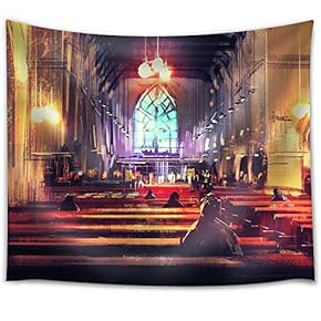 Interior View of a Church,Illustration,Digital Painting - Fabric Wall Tapestry Home Decor - 51x60 inches