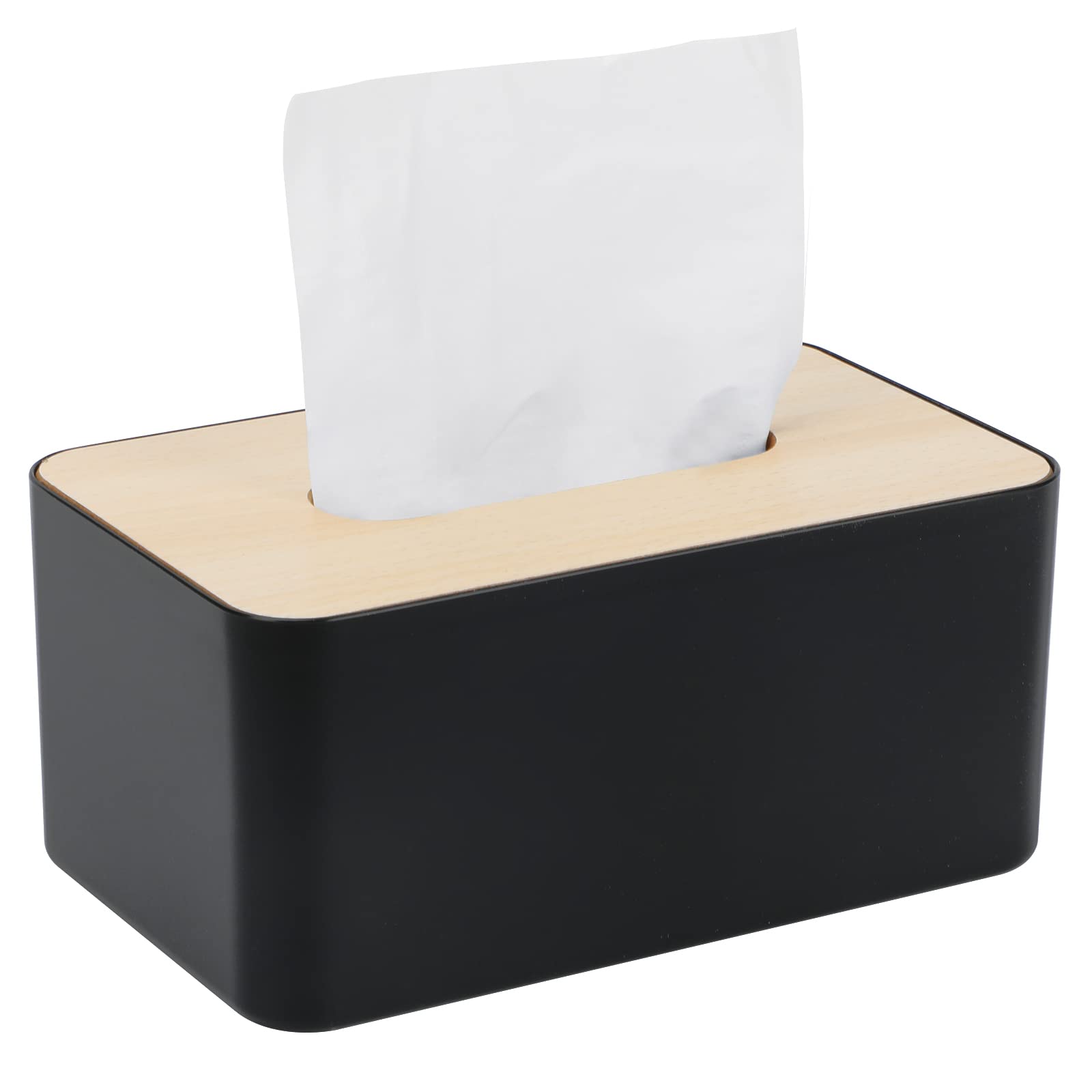 Tissue Box with Bamboo Top, Rectangular, Plastic, Tissue Dispenser Box for Living Room, Office, Car, Bathroom (Black)