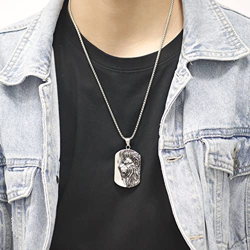 Zoesky Stainless Steel Vintage Convex King Lion Head Men Women Fashion Military Army Style Dog Tag Pendant Necklace, 24\'\' Stainless Steel Chain