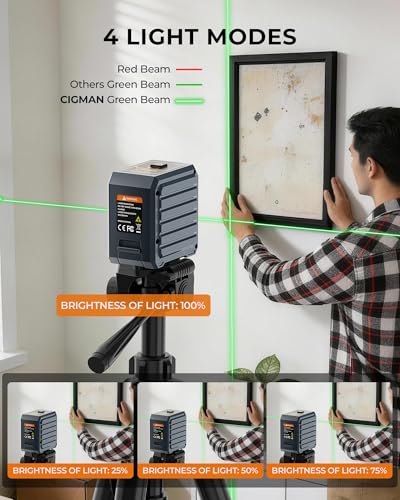 CIGMAN Green Laser Level with Auto Leveling and Manual Mode, 30M Pulse Mode, 4 Brightness Levels, High Accuracy ±0.3mm/1M, Includes AA Batteries and Stand