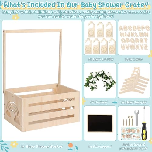 Dsocool Wooden Baby Shower Crate Closet With Hangers, Letters, Dividers - Easy Assembly Basket for Newborn Boys Girls - Pregnancy Gifts for New Parents