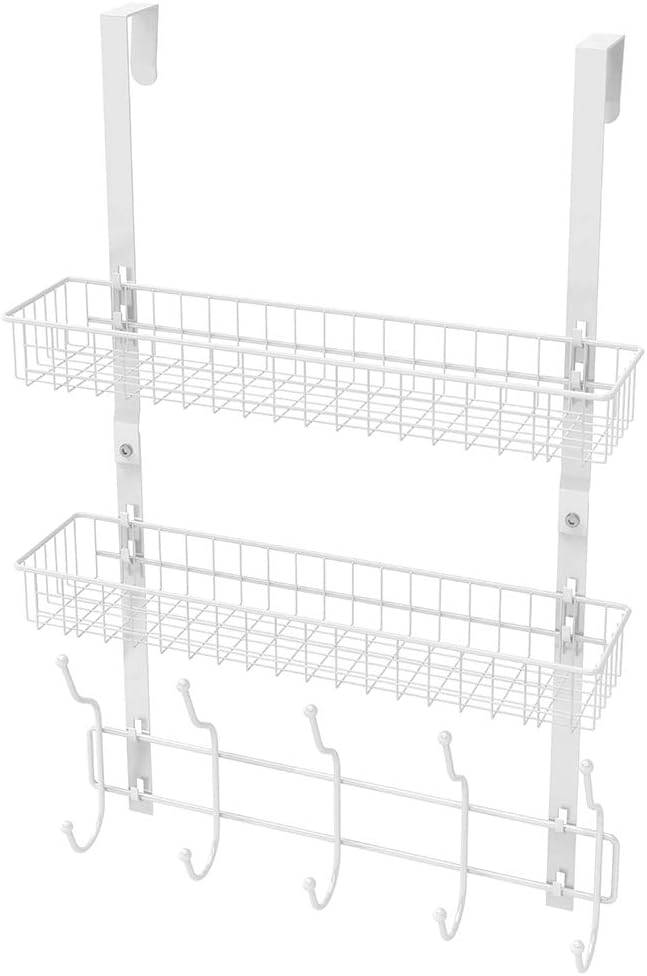 HAITRAL Over The Door Basket Hook Organizer, 5 Hooks with 2 Basket
