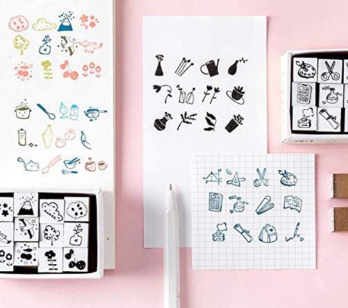 48 Piece Wooden Rubber Stamps, Magnoloran Mini Cute DIY Diary Stamps Set with Storage Box Multipurpose DIY Diary Cards Stamps Craft for DIY Craft Card Making Happy Planner Scrapbooking Supplies