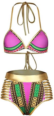Women's New African Print Two-Pieces Bath Suits Bikini Set Sexy Metallic Cutout Swimwear Swimsuit (M, Rose Red)