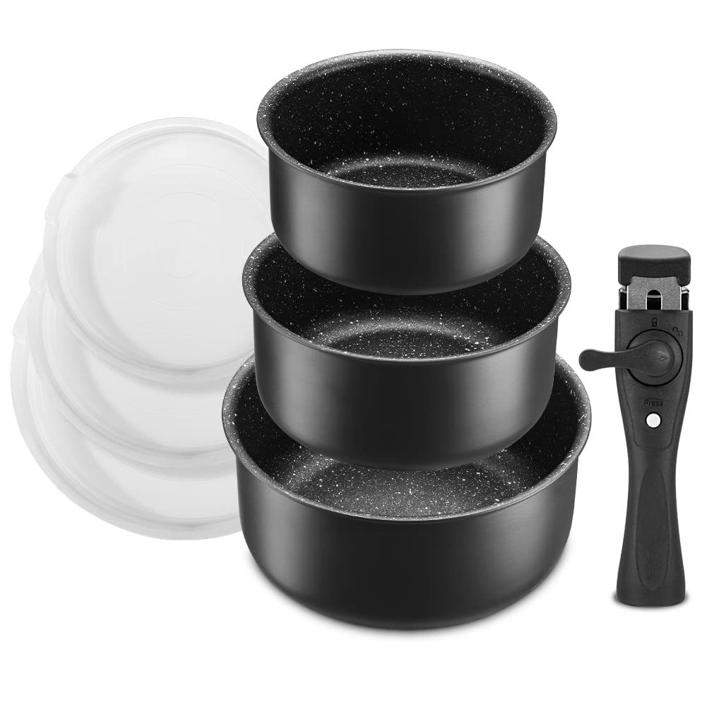 Fadware Non Stick Saucepan Set with Removable Handle and Sealing Lids, Non Stick Pot Set for Induction Hobs, 4 Pieces Saucepan for All Hobs, Stackable Design and Ovensafe