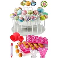 COMPLETE CAKE POP MAKER KIT - Jam packed with silicone cakepop baking mold, 120 lollipop sticks, candy and chocolate melting pot, decorating pen, bags, twist ties & 3-Tier display stand holder