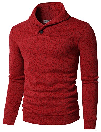 H2H Mens Knited Slim Fit Pullover Sweater Shawl Collar With One Button Point RED US S/Asia M (KMOSWL036)