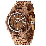 MEKU Mens Handmade Wooden Wrist Watch Quartz Natural Zebrawood Date Calendar Display Xmas Gifts