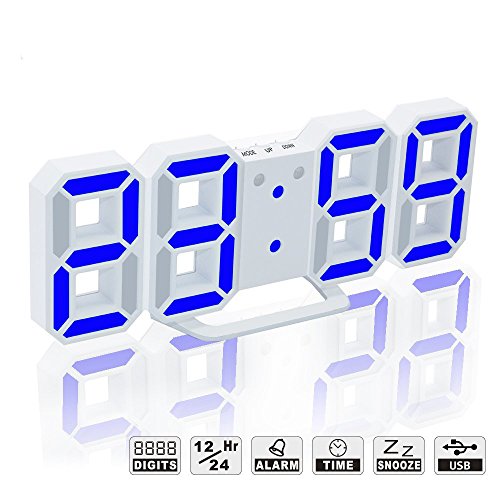 LED Digital Alarm Clock For Desk / Shelf / Tabletop, Modern Home Decoration 3D Wall Clock, Easy To Read at Night, Loud Alarm and Snooze, Big Digit Display (White Frame, Blue Light) - Thumbnail 7