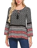 ELESOL Women Ethnic Style Printed Tunic Top Bohemian Neck Tie Loose Blouse Dress
