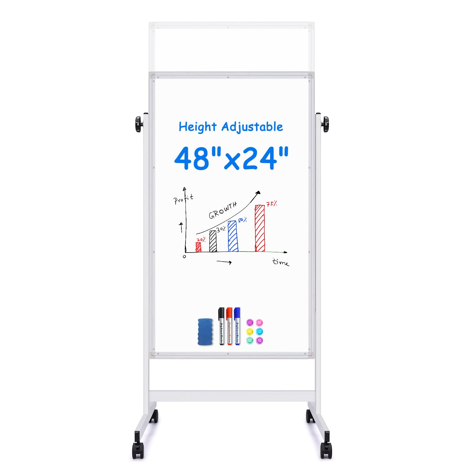 Photo 1 of *** MINOR DAMAGE***maxtek Rolling White Board, 48 x 24 Height Adjustable Whiteboard on Wheels, Large Magnetic Standing Mobile Easel Board, Double-Sided with Stand for Office, Home, and Classroom