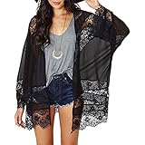 iecool Women's Dressing Gown Flowers Lace Stitching Cardigan Medium Black