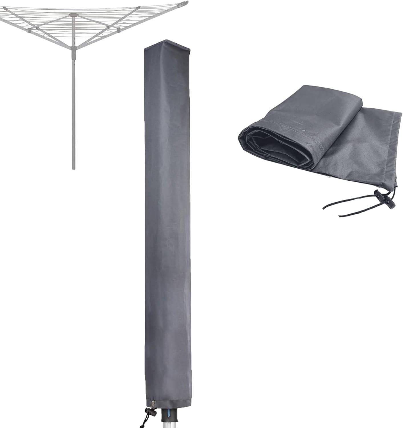 RICHIE Rotary Airer Cover 600D Waterproof Washing Lines Cover With Zip 16x16x165cm Dryer Protective Cover Windproof, Grey