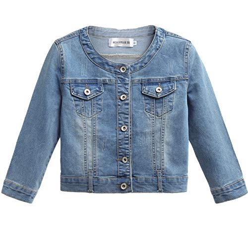 Women's Short Denim Jacket Round Neck Denim Three Quarter Sleeves Light Blue Jacket (Light Blue, 2XL)