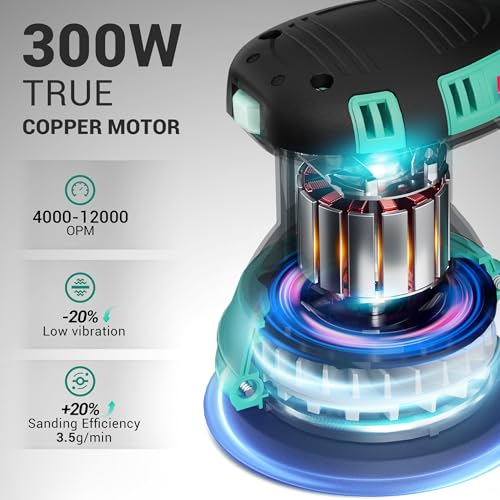 DCA Random Orbital Sander, 300W 12000 OPM Electric Sander with Dust Collection, 125MM Hand Electric Tool, 6 Variable Speeds, 10pcs Sandpapers for Woodworking,Sanding, Polishing, DIY, Home Improvements