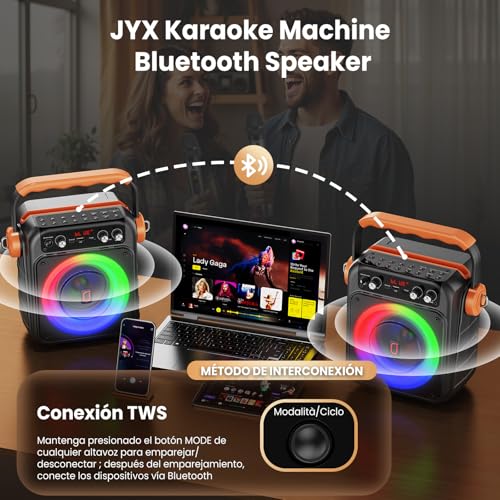 JYX Karaoke with 2 wireless microphones: Portable Bluetooth 5.3 Karaoke Speaker, PA System for Families with Subwoofer, Support Rec/AUX/USB/TF, Available as a Gift Adults and Children