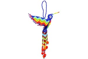 MIA JEWEL SHOP Hummingbird Hanging Figurine Ornament Czech Glass Seed Bead Fringe Tail Dangles - Handmade Gifts Spirit Animal Boho Accessories (Blue/Rainbow)