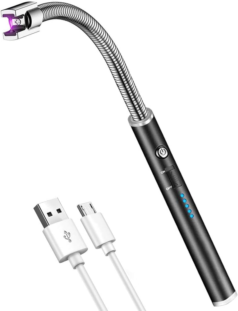 AUNEK Candle Lighter, USB Rechargeable Windproof Electric Lighter with LED Battery Display and Safety Lock, Flexible Neck Flameless Electronic Plasma Arc Lighter for Camping Grill BBQ Home Kitchen