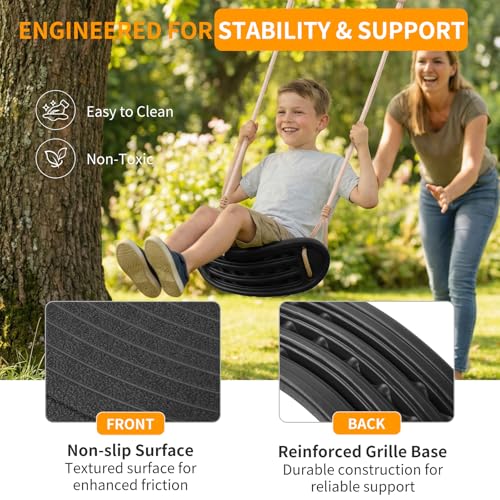 Fionrziy Ergonomic Swing, Height-Adjustable Children's Swing up to 120 kg for Outdoors, Weatherproof and Non-Slip Swing Seat, Includes Tree Straps and Carabiner for Children from 3 Years, Black