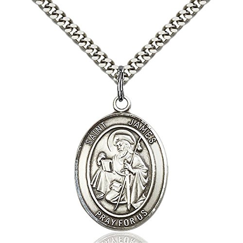 Sterling Silver St. James the Greater Pendant 1 x 3/4 inches with Heavy Curb Chain