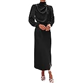 BTFBM Womens Mock Neck Satin Dress Spring Summer 2026 Long Sleeve Lightweight Formal Wedding Party Maxi Cocktail Dresses