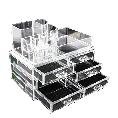 Clear Acrylic Cosmetics Makeup Jewelry Organizer 6 Drawers with 8 Compartments Top Section ( idea for Christmas, birthday gift)