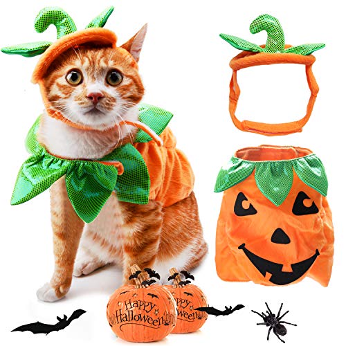 Legendog Cat Halloween Costume,Cat Halloween Apparel Pumpkin Design Funny Pet Clothing Halloween Cat Outfit with Pumpkin Headwear for Cats and Puppy