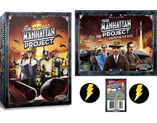 The Manhattan Project Board Game Bundle of Base Game, Second Stage and Nations Expansions plus 2 Lightning Bolt Buttons