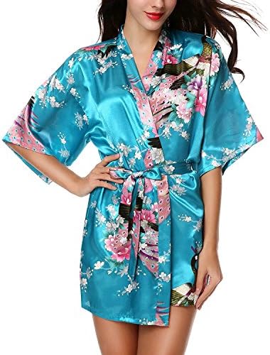 Betusline Women Floral Prints Silk Kimono Nightwear Pajama Sleepwear Blue