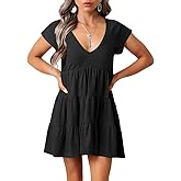 FOWSMON Women's Casual Summer Dress Sexy V Neck Short Sleeve Flowy Ruffle 2026 Trendy Short Mini Dresses